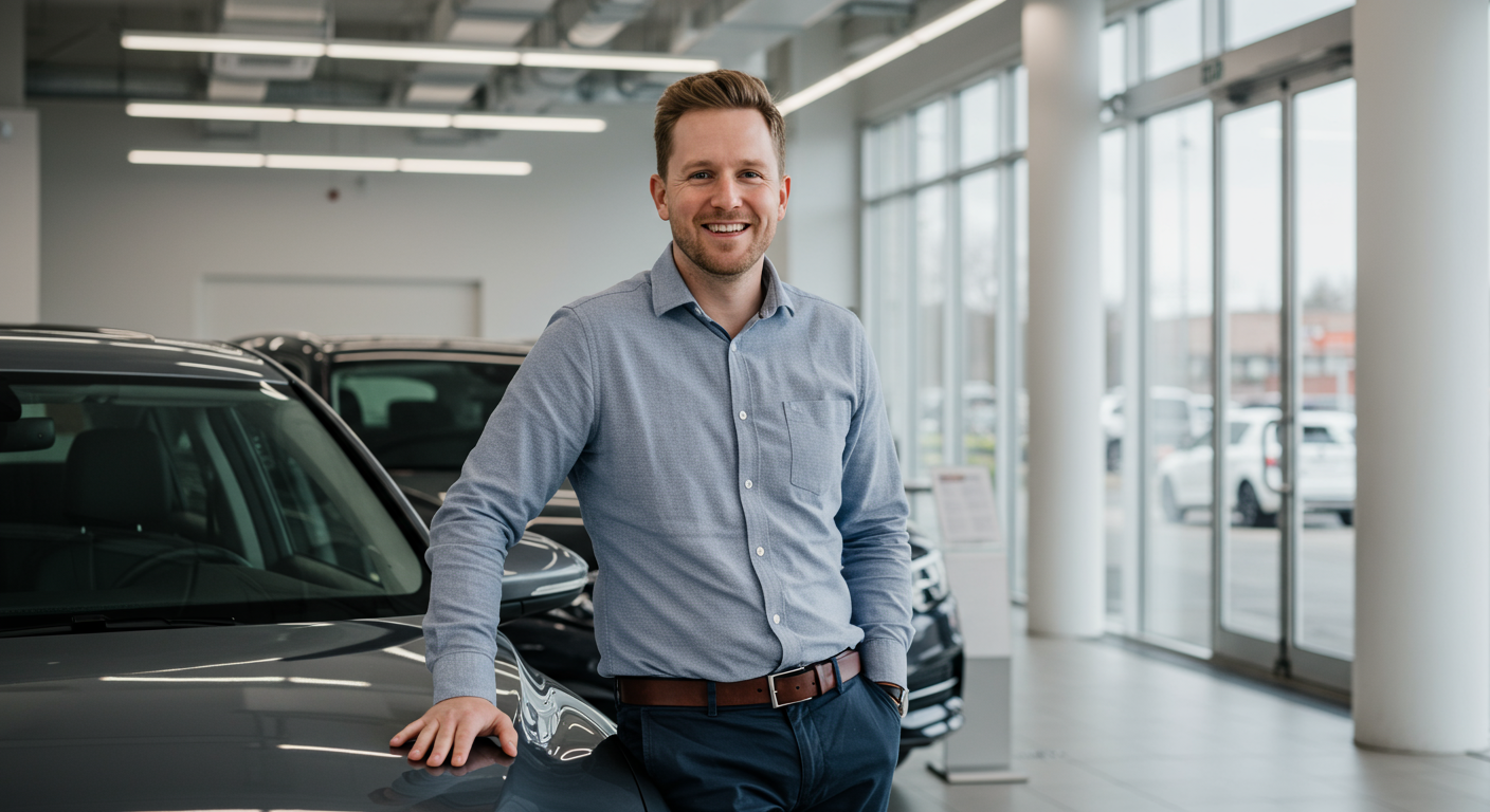 Happy customer with car in showroom - Car financing and vehicle marketplace